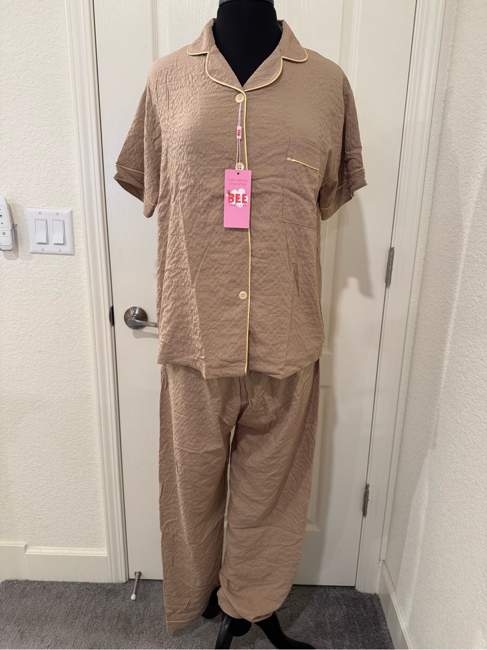 Taupe Two-Piece Pajama Set with Contrast Piping
